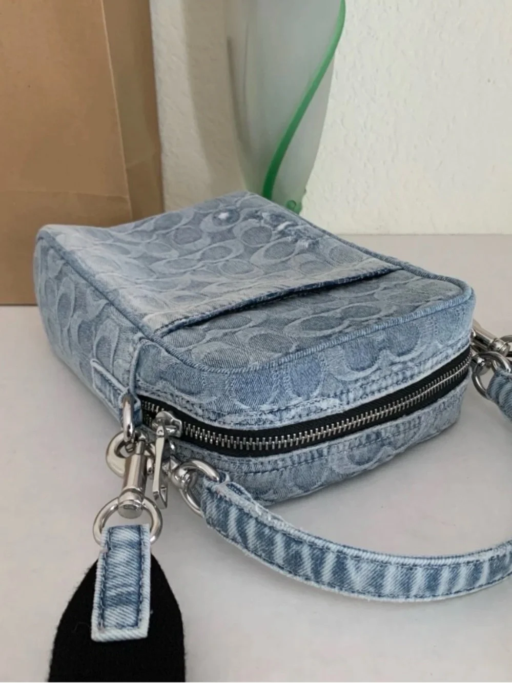 Coach Distressed Denim Signature Canvas Messenger Crossbody w/Strap & Charm